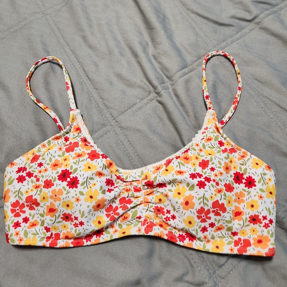 Ruched Floral Bikini Top Orange Medium